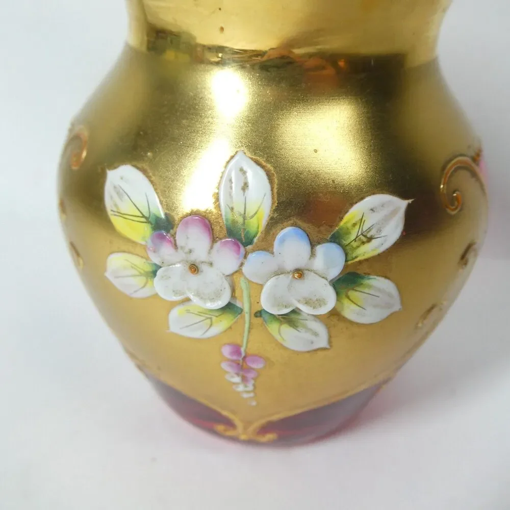 Cranberry Glass Vase Gold Flowers Bohemian Czech Vintage 3.5